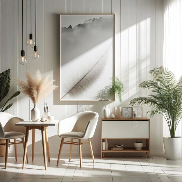 Interior moderno, luminoso y aireado. Habitación blanca con sillas y pared de fondo vacía.