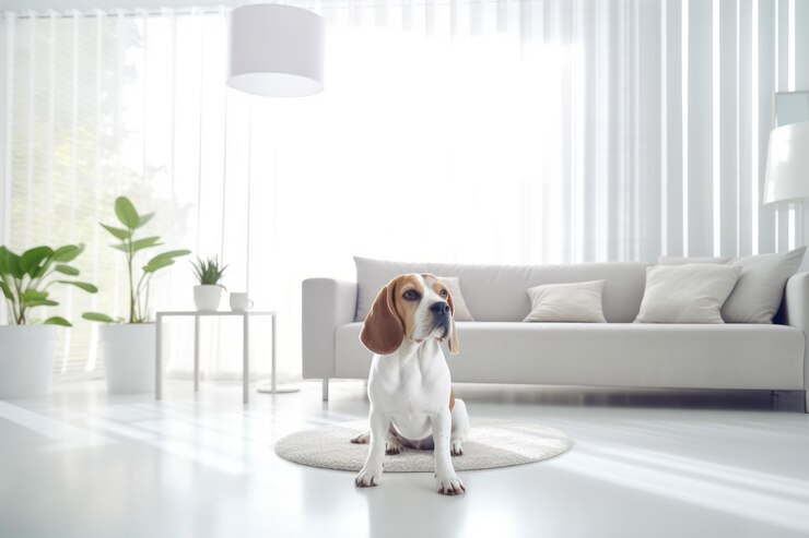 Interior moderno y luminoso salón con lindo perro cerca del sofá