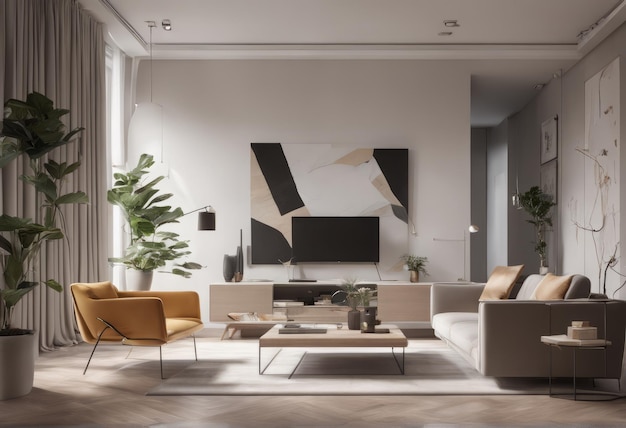 interior moderno y luminoso con un sofá y una mesa con una plantainterior moderno y luminoso con un sofá y una