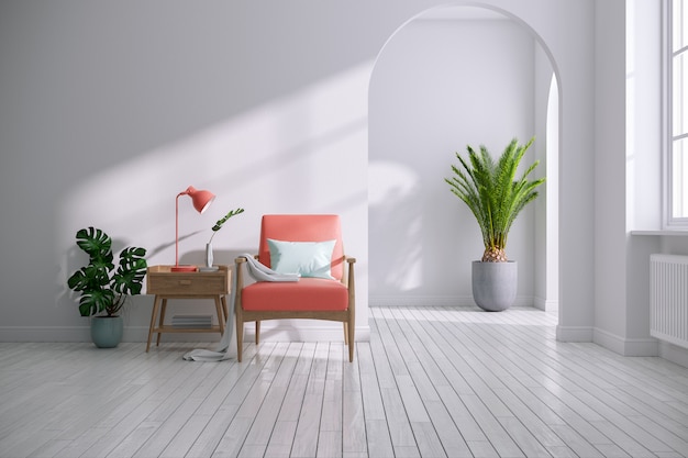 Interior moderno de mediados de siglo y minimalista de la sala de estar, concepto de decoración de coral vivo, sillón de coral vintage con mesa de madera en sala blanca, render 3d