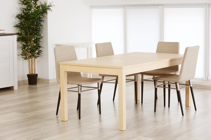 Foto interior moderno con mesa y sillas.