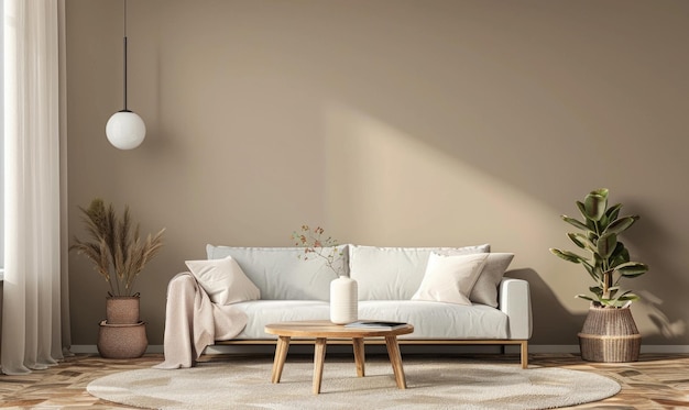 Un interior moderno y minimalista acogedor con paredes beige cálidas