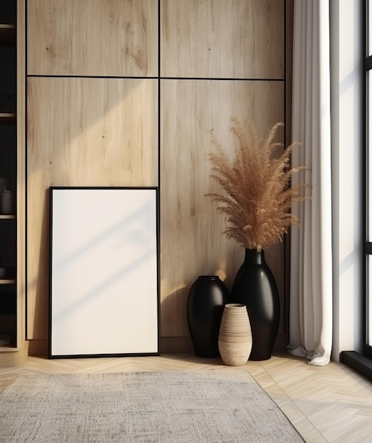 Interior moderno minimalista com renderização 3D de moldura de pôster de maquete