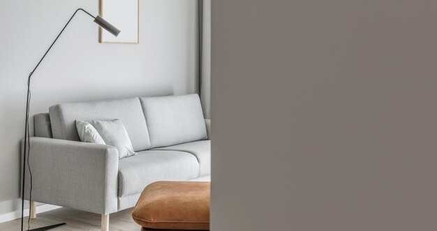 Foto interior moderno minimalista de la sala de estar con asiento de cuero de sofá gris lámpara elegante negra concepto estético de diseño interior simple