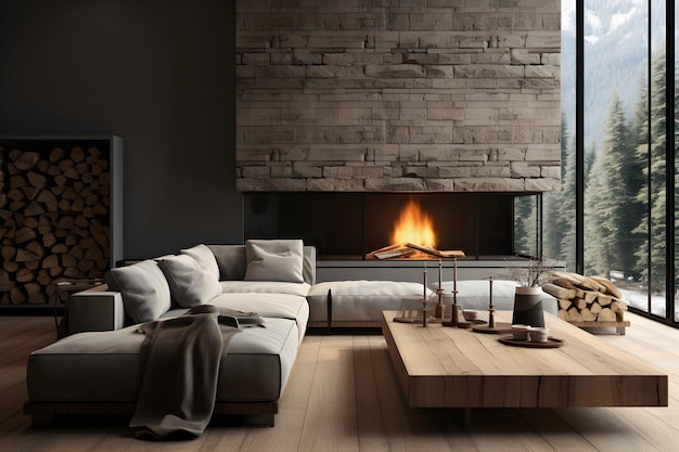 Interior moderno y minimalista de la sala de estar con sofá, suelo de madera y chimenea en una decoración casera moderna