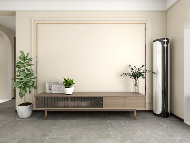 Foto interior moderno con mueble para tv sobre fondo de pared de color blanco, representación 3d