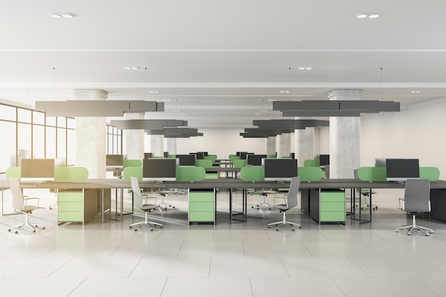 Interior moderno de oficina de coworking de hormigón con vista panorámica de la ciudad luz del sol mobiliario equipo luz del día y tecnología concepto de lugar de trabajo y corporación 3D Rendering