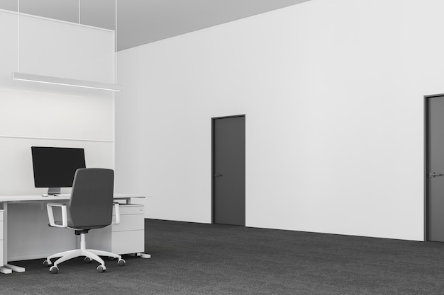 Interior moderno de oficina con paredes blancas, suelo enmoquetado, mesa de ordenador blanca con silla gris cerca y puertas grises en la pared. representación 3d