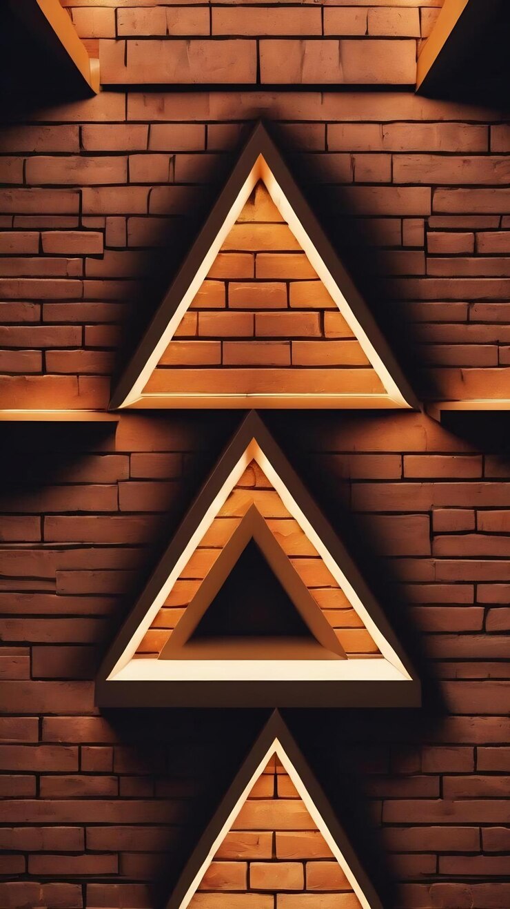 Foto interior moderno de pared de ladrillo con lámparas brillantes en forma de triángulo cerca de la pared iluminada