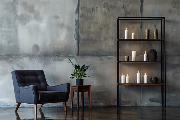 Foto interior moderno con paredes grises un sillón azul muebles de madera y velas encendidas