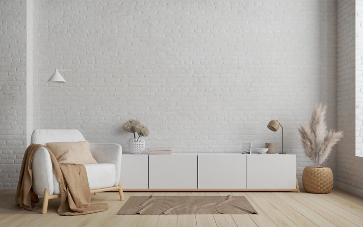 Interior moderno con paredes de ladrillo blanco y muebles de madera
