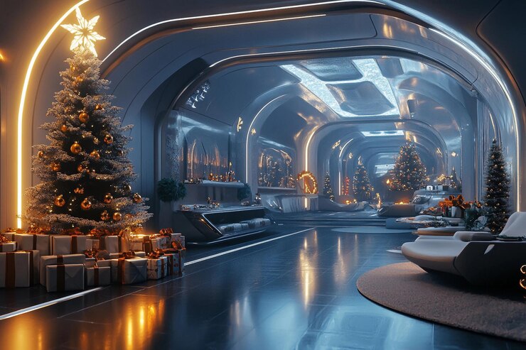 Interior moderno de un pasillo festivo decorado con árboles de Navidad y luces IA generativa