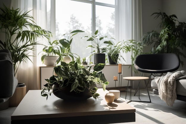 Interior moderno con plantas verdes paisajismo de interiores.