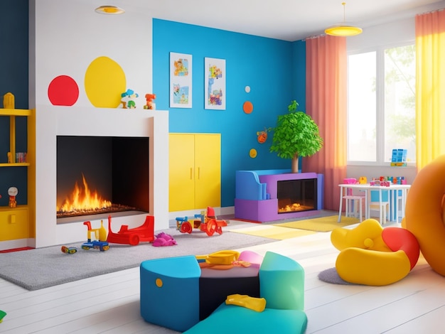 Foto interior moderno que reduce la seguridad, diversión y aprendizaje seguro en una sala de preescolar. ia generativa