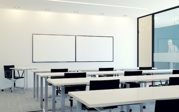 Interior moderno de la sala de conferencias de negocios con pantalla de monitor en blanco para la presentación