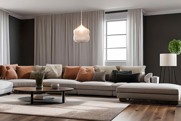 Interior moderno de la sala de estar con aire acondicionado, sofá naranja y sillón verde