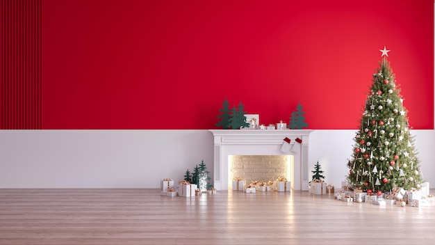 Foto interior moderno de la sala de estar árbol de navidad en pared blanca y suelo de madera en casa para las vacaciones3d renderizado