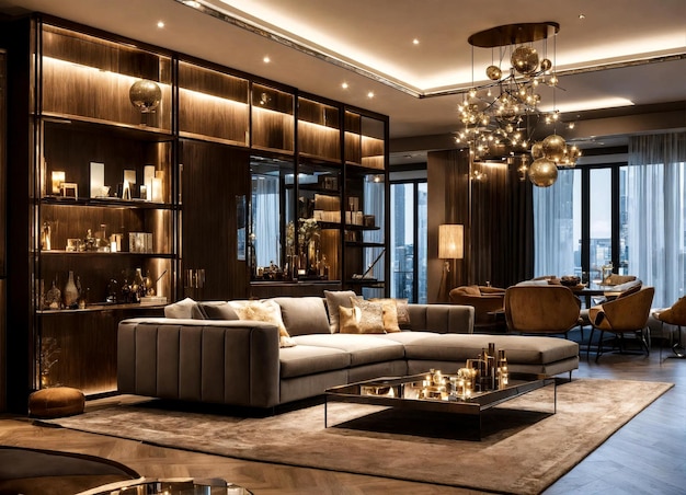 Foto interior moderno de la sala de estar de la casa con muebles de diseño con sofá, estantes de espejo, sillón y accesorios personales elegantes decoración de hogar neutra elegante concepto de estilo de diseño espacio de texto de anuncio de copia