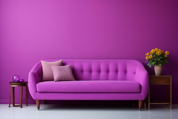 Foto interior moderno de sala de estar de color magenta con pared de moda y cómodo sofá suave en colores vibrantes