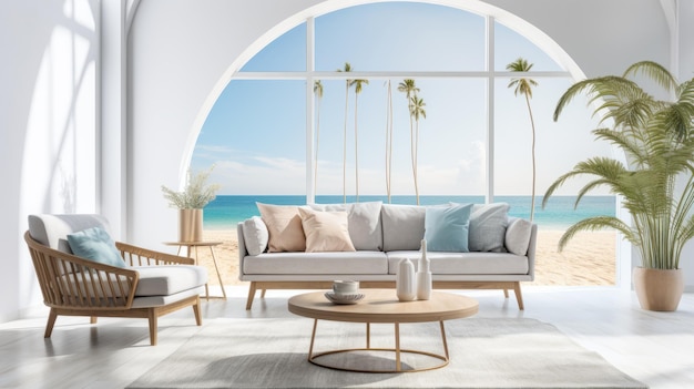 Foto interior moderno de sala de estar costera con pared de vidrio curva y vista al océano
