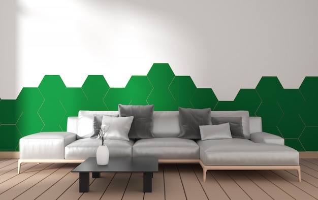 Interior moderno de la sala de estar con decoración de sillón y plantas verdes en azulejo verde hexagonal en pared blanca, diseño minimalista, renderizado 3d