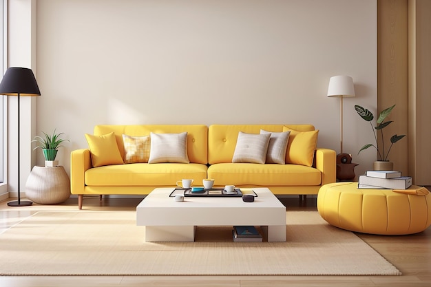 Interior moderno de sala de estar de estilo minimalista con sofá amarillo maíz y elegante ilustración de mesa de centro blanca