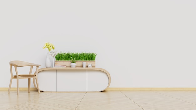 Interior moderno de la sala de estar con gabinete de madera y sillón en el fondo de la pared blanca