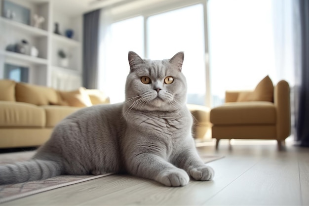 Interior moderno de la sala de estar Gato lindo cerca del sofá IA generativa