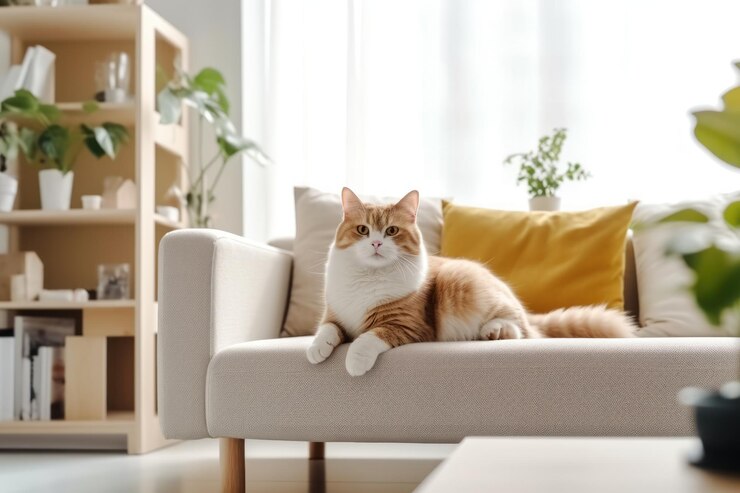 Interior moderno de la sala de estar Gato lindo cerca del sofá IA generativa