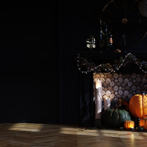 Interior moderno de la sala de estar de Halloween. Representación 3D. Lugar para el texto