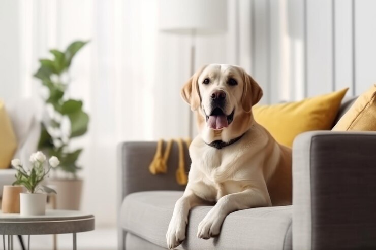 Interior moderno de la sala de estar Labrador Retriever dorado lindo cerca del sofá IA generativa