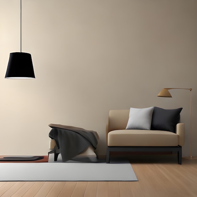 Interior moderno de la sala de estar con una lámpara, un sofá y una manta