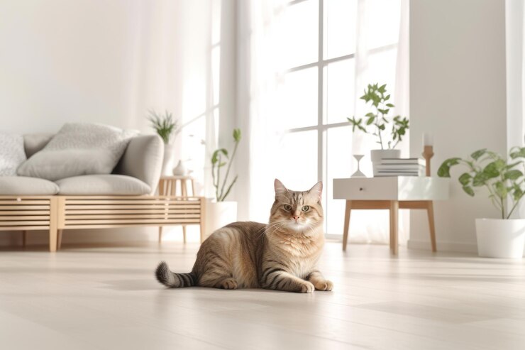 Interior moderno de la sala de estar Lindo gato cerca del sofá