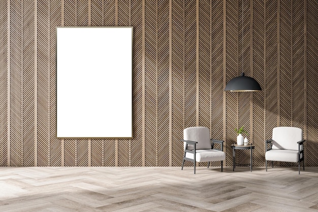 Interior moderno de sala de estar de madera con sillones de luz solar y mesa de café vacío póster de maqueta blanca en la pared concepto de estilo de vida 3D Rendering