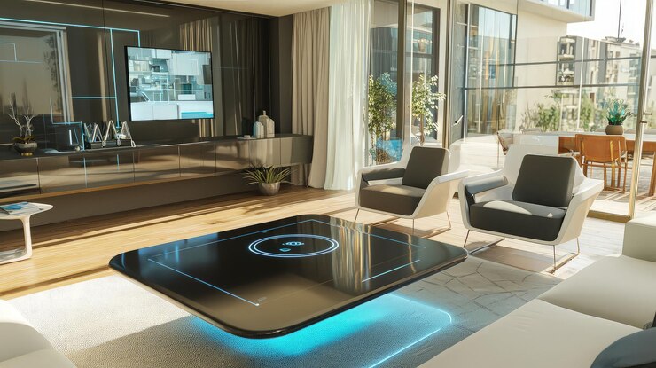 Interior moderno de la sala de estar con una mesa de café futurista y una gran pantalla de TV