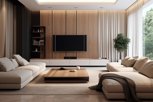 Interior moderno de la sala de estar con muebles y TV en la pared