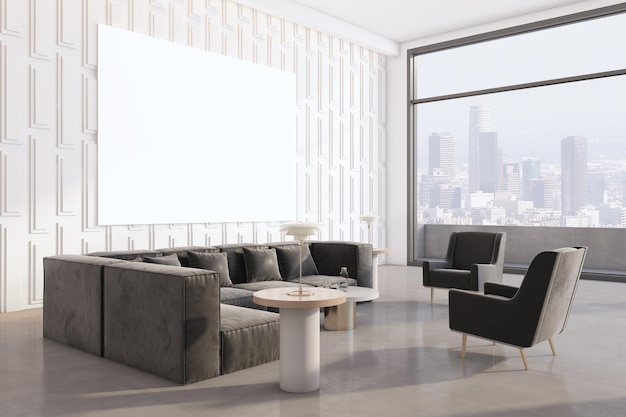 Interior moderno de la sala de estar con pancarta blanca vacía con vistas panorámicas a la ciudad, muebles y luz diurna 3D Rendering