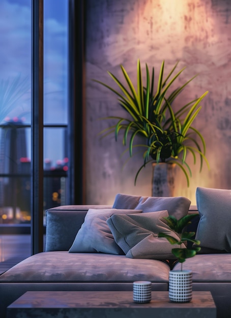 Interior moderno de sala de estar con paredes de hormigón sofá elegante y ventana de piso a techo