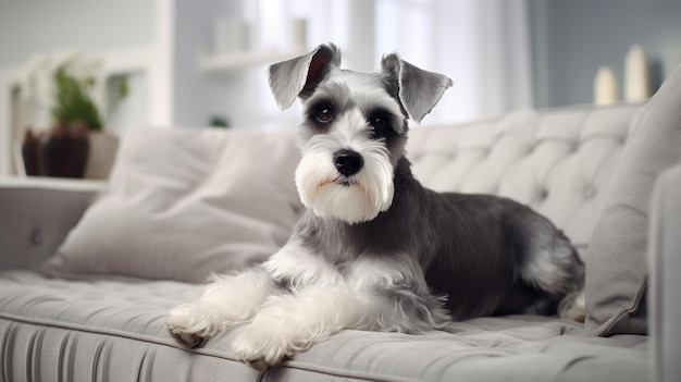 Interior moderno de la sala de estar Schnauzer lindo en el sofá IA generativa