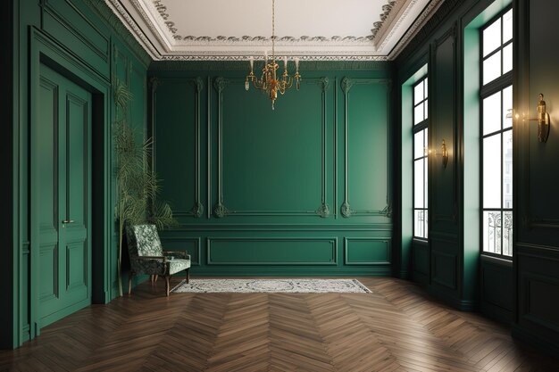 Interior moderno de sala de estar con sillón y gabinete en pared de color verde oscuroIA generativa