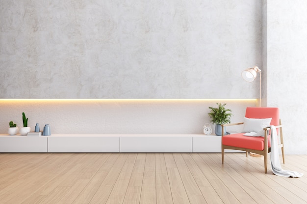 Interior moderno de la sala de estar, sillones de coral con gabinete blanco sobre pisos de madera y pared blanca, render 3d