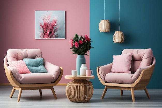 Foto interior moderno de la sala de estar con sillones y un jarrón con flores 3d render ia generativo