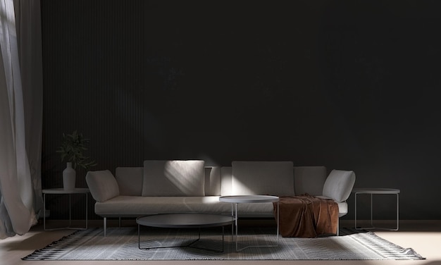 Interior moderno de la sala de estar con sofá beige en fondo de pared negra vacío renderizado en 3D