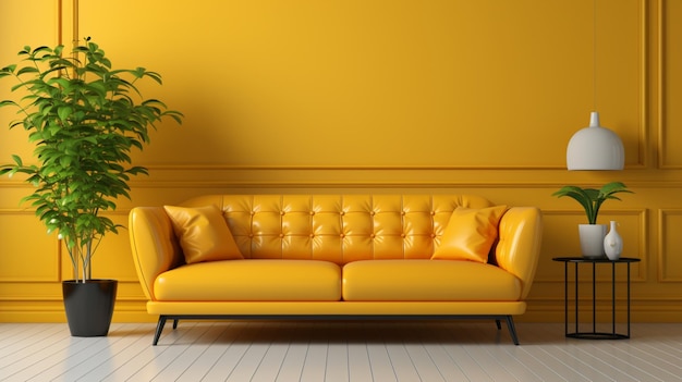 Foto interior moderno de la sala de estar con un sofá de color maíz brillante y una ilustración de pared amarilla de tonos suaves