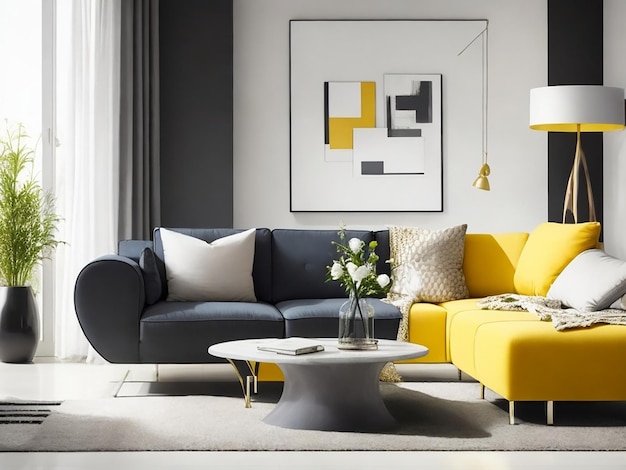 Interior moderno de la sala de estar con un sofá cómodo y elegante