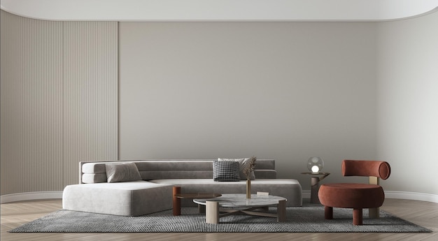 Foto interior moderno de la sala de estar con sofá gris en el fondo de la pared vacía