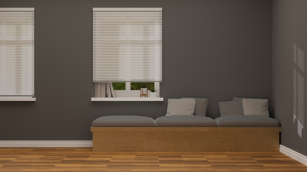 Interior moderno de la sala de estar con sofá gris, piso de parquet, pared gris, persianas, representación 3d