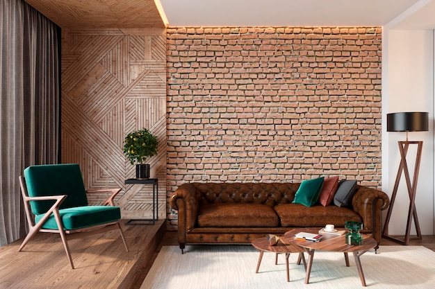 Interior moderno de la sala de estar con sofá marrón de cuero de pared de ladrillo sillón verde