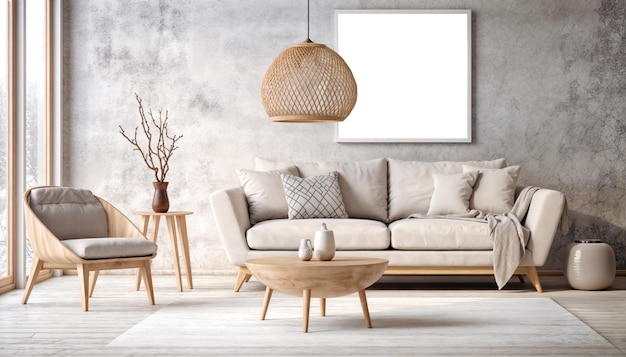Interior moderno de la sala de estar con sofá, mesa de café y planta en 3D