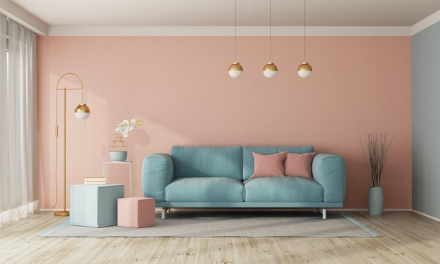 Interior moderno de la sala de estar con sofá en una pared vacía de color pastel